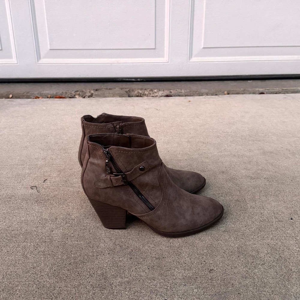 BEIGE G BY GUESS FAUX SUEDE BUCKLE ANKLE BOOTS